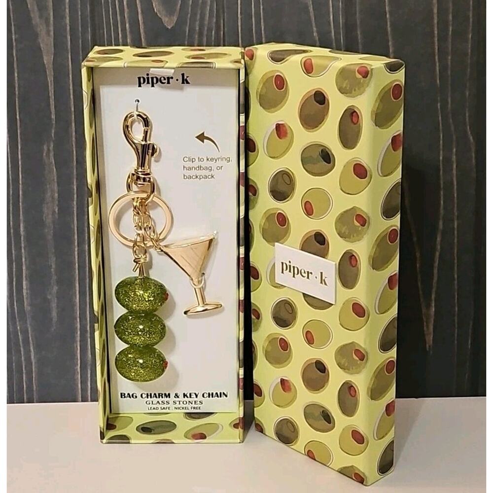 Piper K Martini Olive Keychain Bag Charm Gold Tone Keyring Purse Accessory